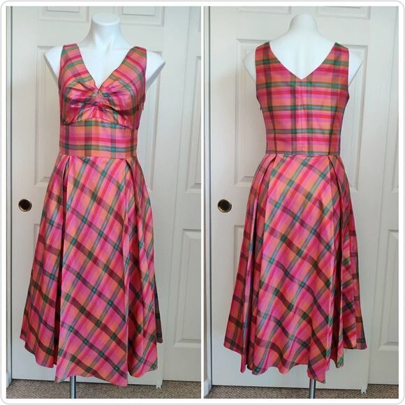 Coldwater Creek Retro Style 100% Silk Madres V-Neck Midi Dress sz 6 - Picture 1 of 9